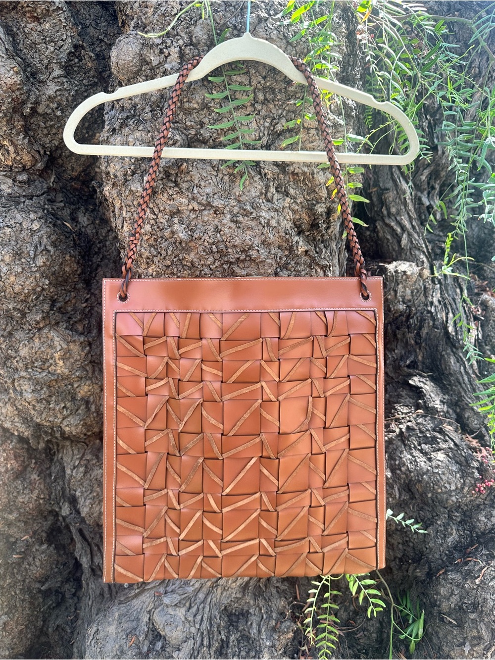 Woven Leather Tote Bag in Cognac Brown - Women's Shoulder Bag